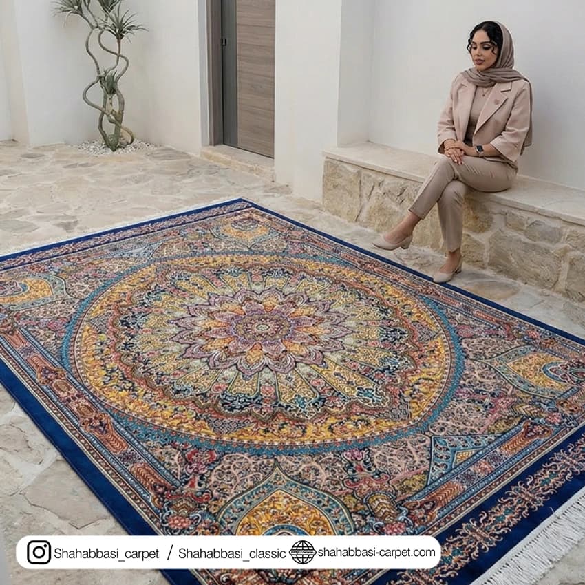 فرش تمام ابریشم کد 172 آبی کاربنی