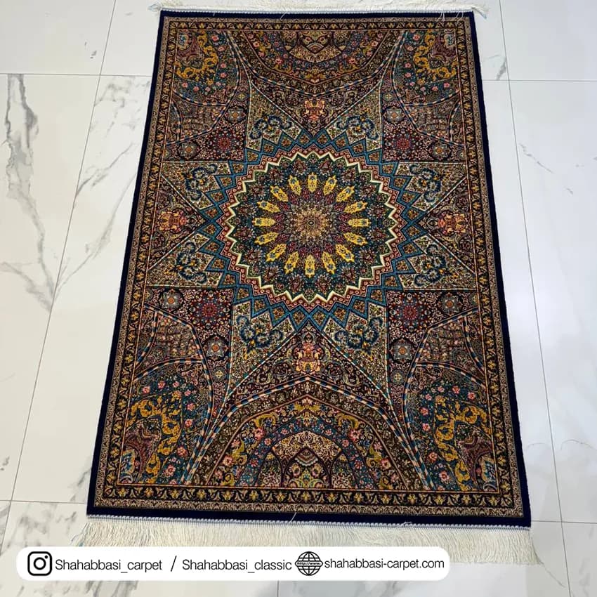 فرش تمام ابریشم کد 164 آبی کاربنی — تصویر ۴