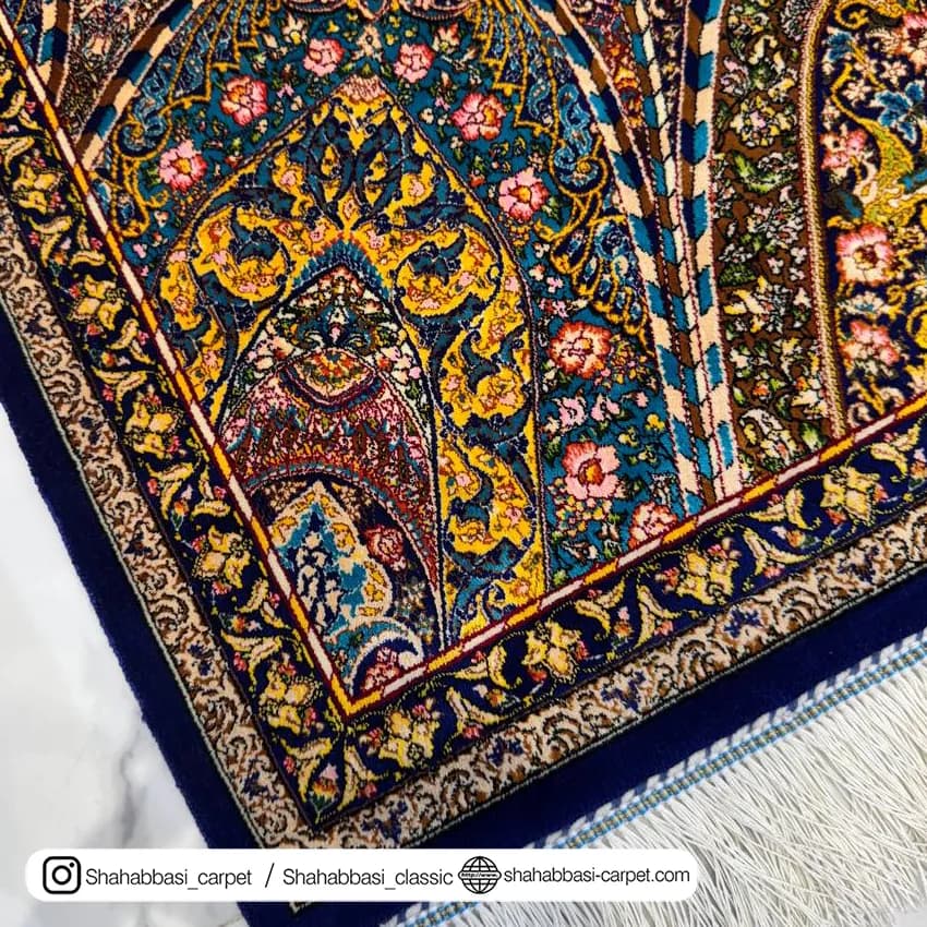 فرش تمام ابریشم کد 164 آبی کاربنی — تصویر ۳