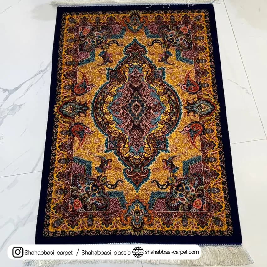 فرش تمام ابریشم کد 161 آبی کاربنی — تصویر ۵
