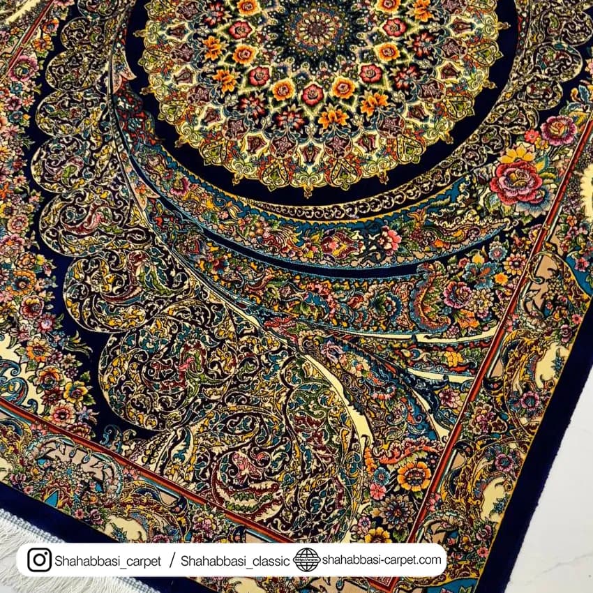 فرش تمام ابریشم کد 160 آبی کاربنی — تصویر ۳