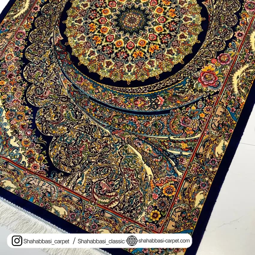 فرش تمام ابریشم کد 160 آبی کاربنی — تصویر ۴
