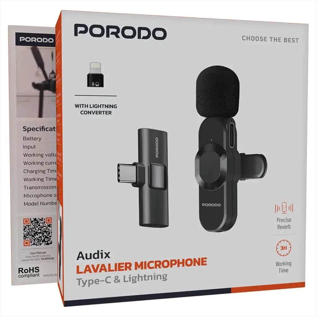 میکروفون یقه ای بی سیم پرودو Porodo Audix Lavalier Microphone Type-C & Lightning PDLAMPHF2 — تصویر ۴
