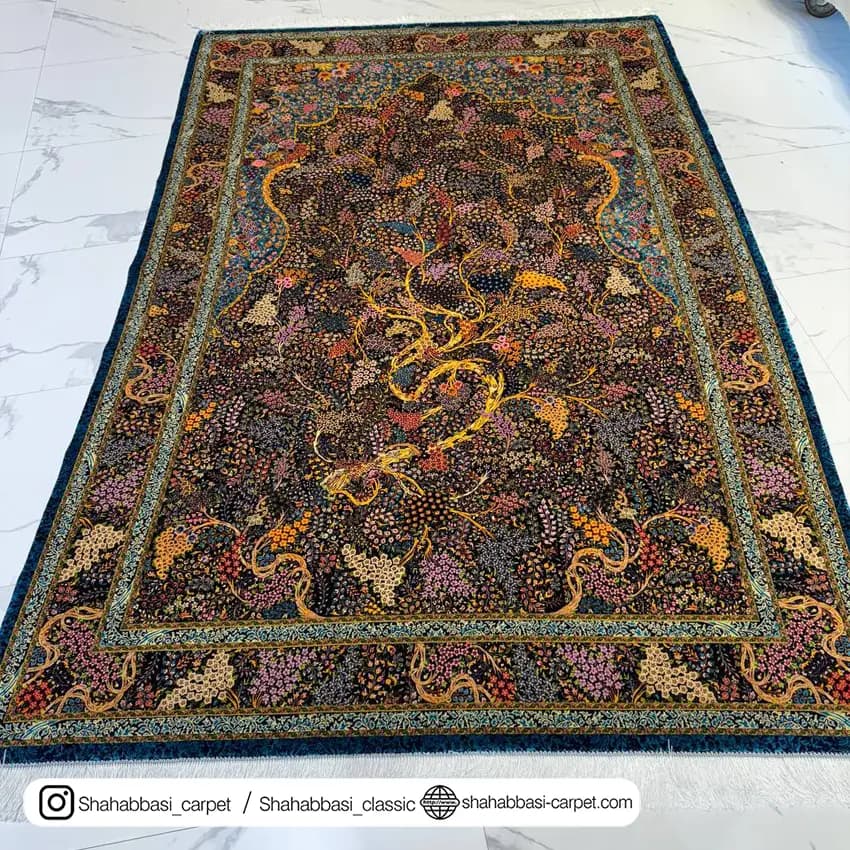 فرش تمام ابریشم کد 150 سرمه ای — تصویر ۴