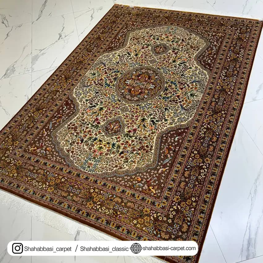 فرش تمام ابریشم کد 129 دارچینی — تصویر ۲
