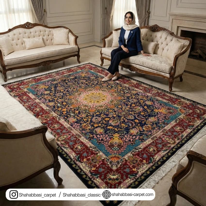 فرش تمام ابریشم کد 127 سرمه ای — تصویر ۴