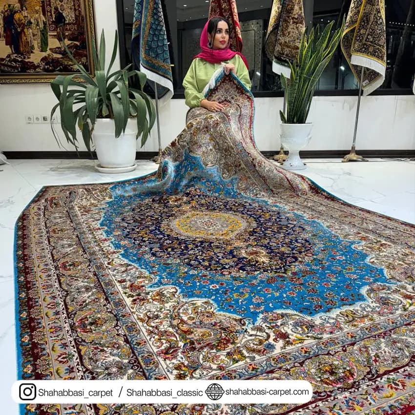 فرش تمام ابریشم کد 124 آبی — تصویر ۶