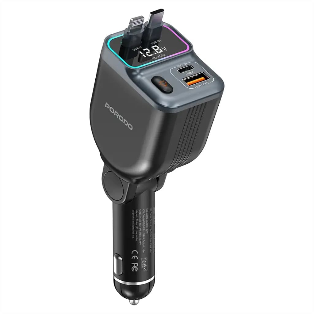 شارژر فندکی خودرو 65w پرودو Porodo 65W Car Charger Dual Retractable Cable PDFWCH068 — تصویر ۷