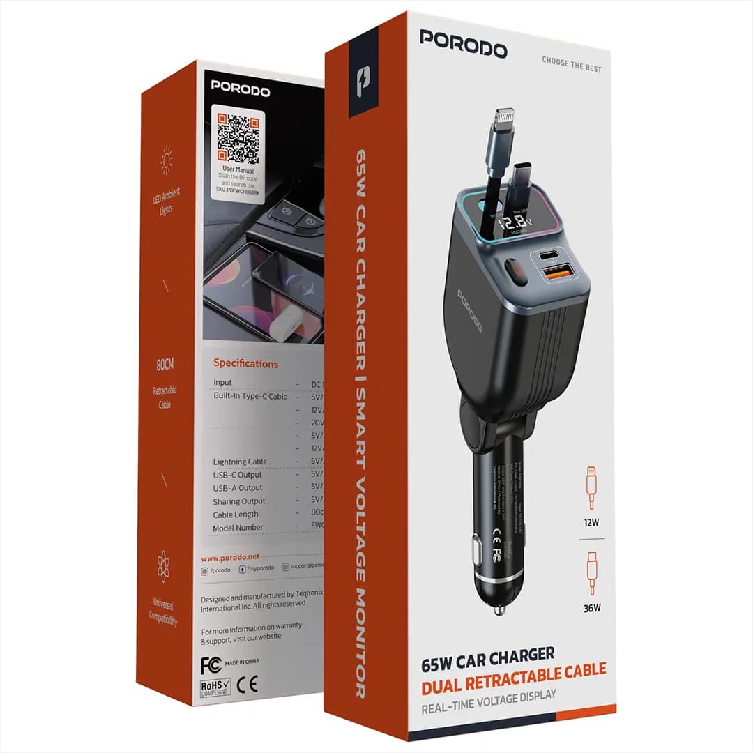 شارژر فندکی خودرو 65w پرودو Porodo 65W Car Charger Dual Retractable Cable PDFWCH068 — تصویر ۱۰