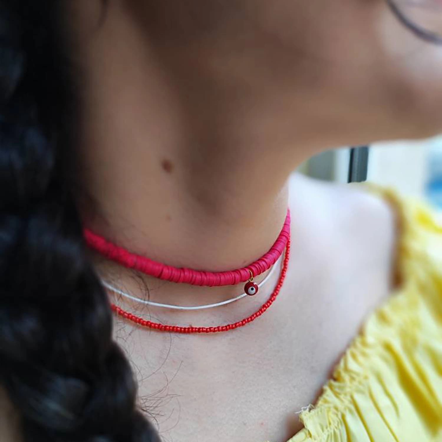 گردنبند زنانه سه لاین فیمو پلاک چشم نظر — تصویر ۳