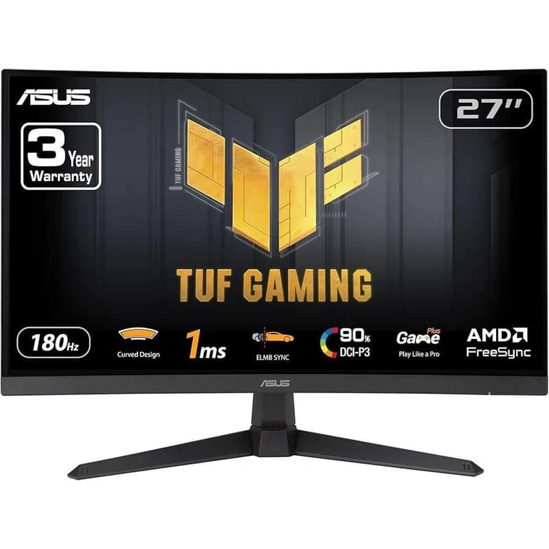مانیتور خمیده گیمینگ 27 اینچ ایسوس مدل TUF Gaming VG27VQ3B، رزولوشن Full HD، نرخ بروزرسانی 180 هرتز، پنل VA، دارای درگاه‌ ارتباطی HDMI 2.0 ،DisplayPort 1.2 و جک 3.5 میلی‌متری صدا