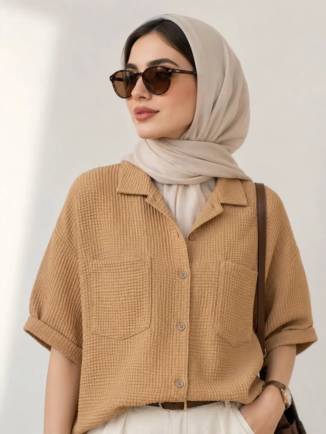 شومیز کرم جیبدار تابستونی فری سایز — تصویر ۷