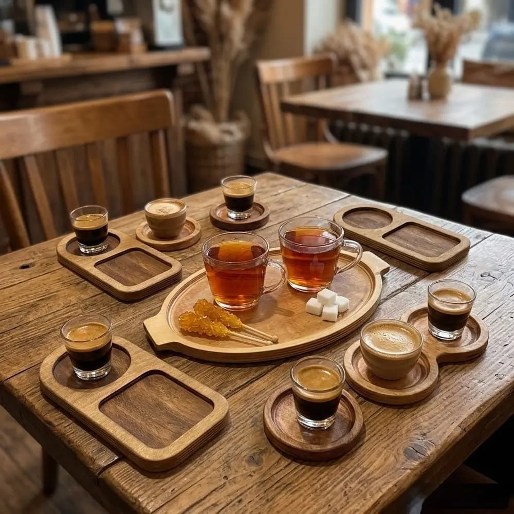 5 عدد سینی چوبی کافی شاپی + 2 عدد زیرلیوانی — تصویر ۱۱
