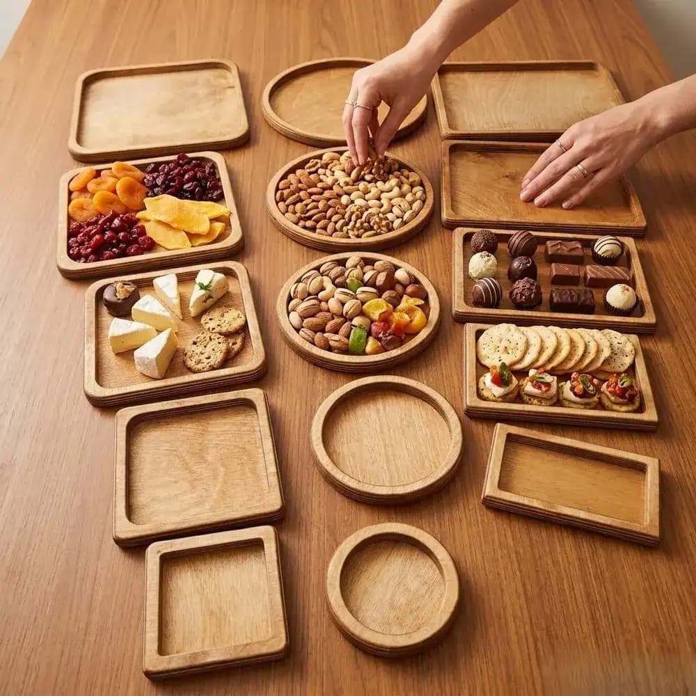 3 مجموعه 5 عددی سینی چوبی دایره مربع مستطیل ( 15 تیکه )