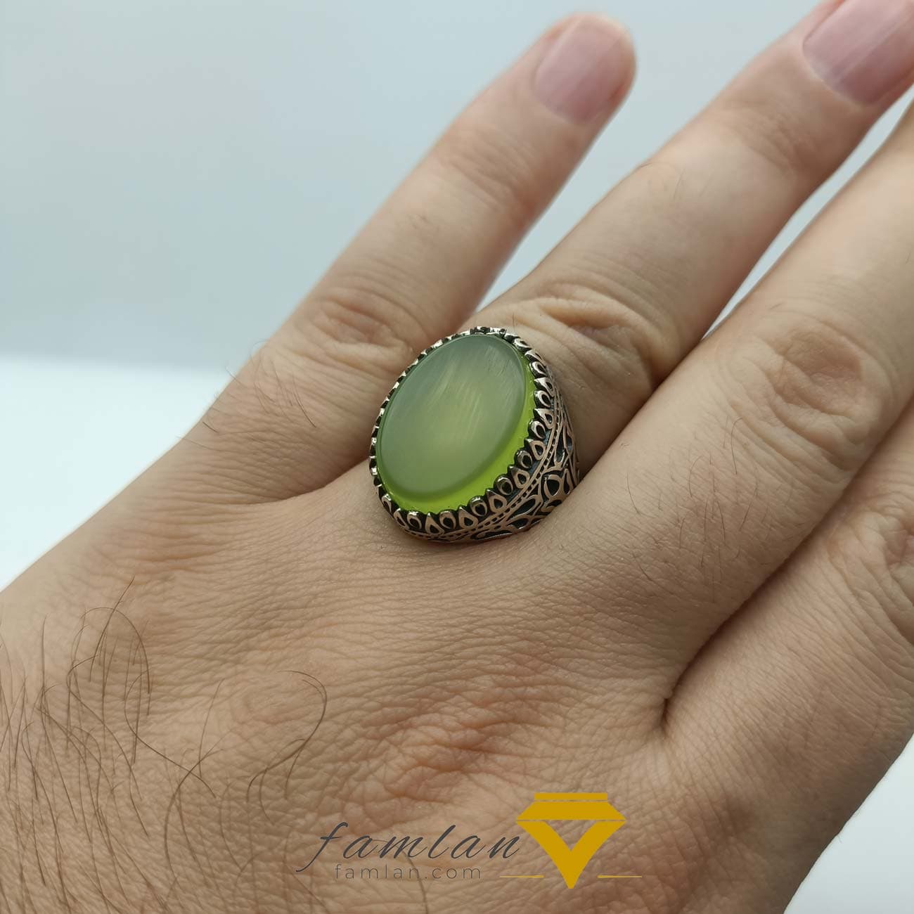 انگشتر نقره مردانه عقیق سبز کاهویی خراسان کد 2134 – 2135 — تصویر ۸