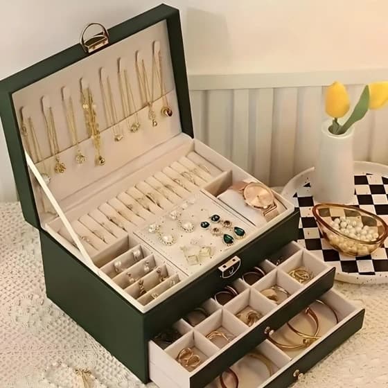 جعبه جواهرات رنگ کرمی سه طبقه بزرگ کد ۶۹۹ — تصویر ۲