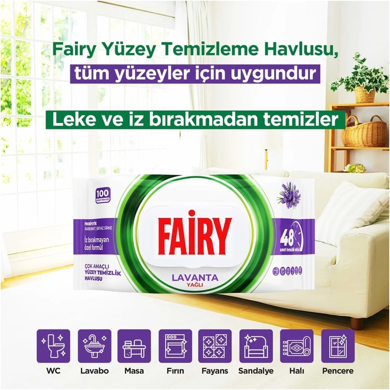 دستمال مرطوب تمیز کننده سطوح فیری Fairy حاوی روغن اسطوخودوس | بسته 100 عددی — تصویر ۵