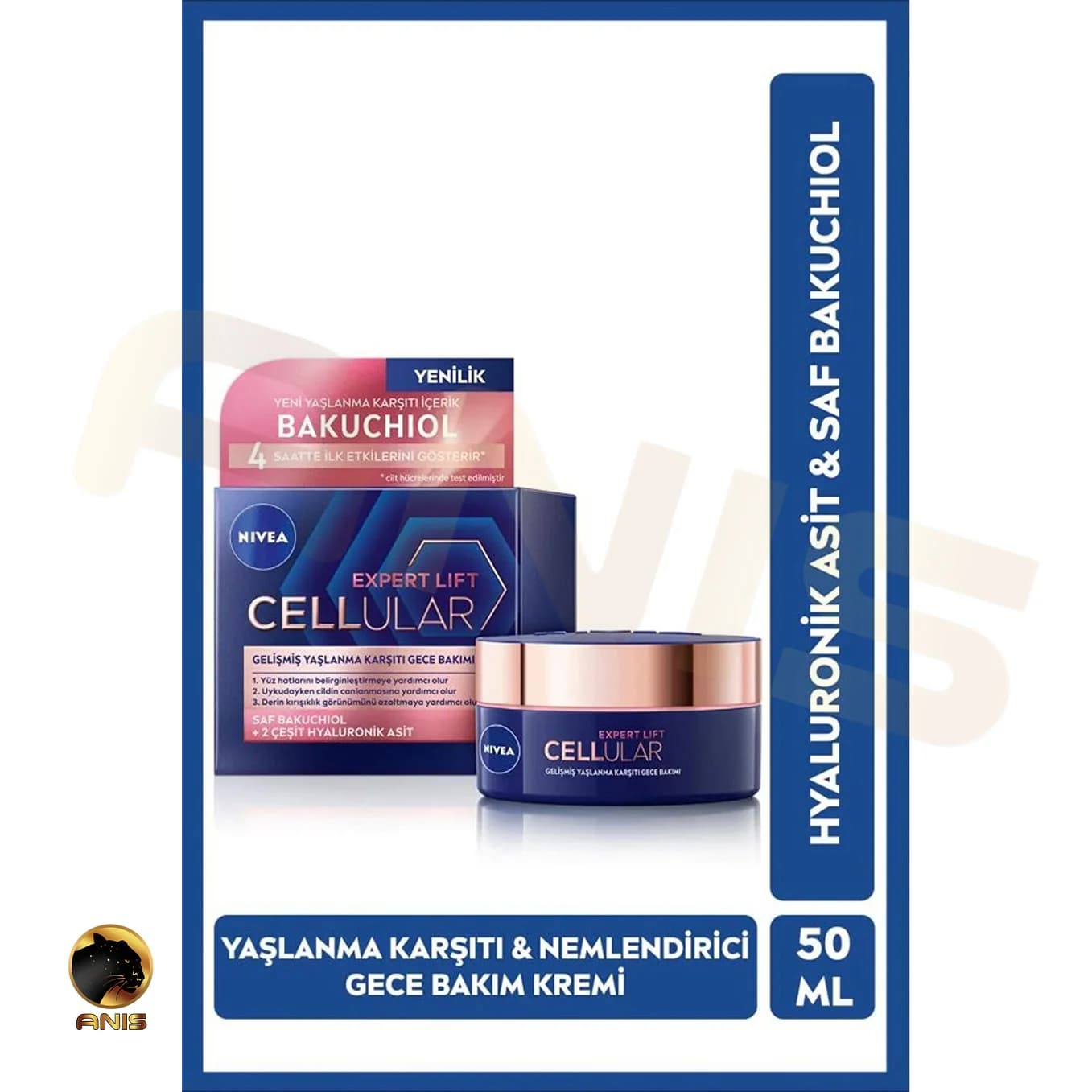 کرم ضد پیری شبانه Cellular نیوا حاوی باکوچیول و 2 نوع هیالورونیک اسید 50 میل