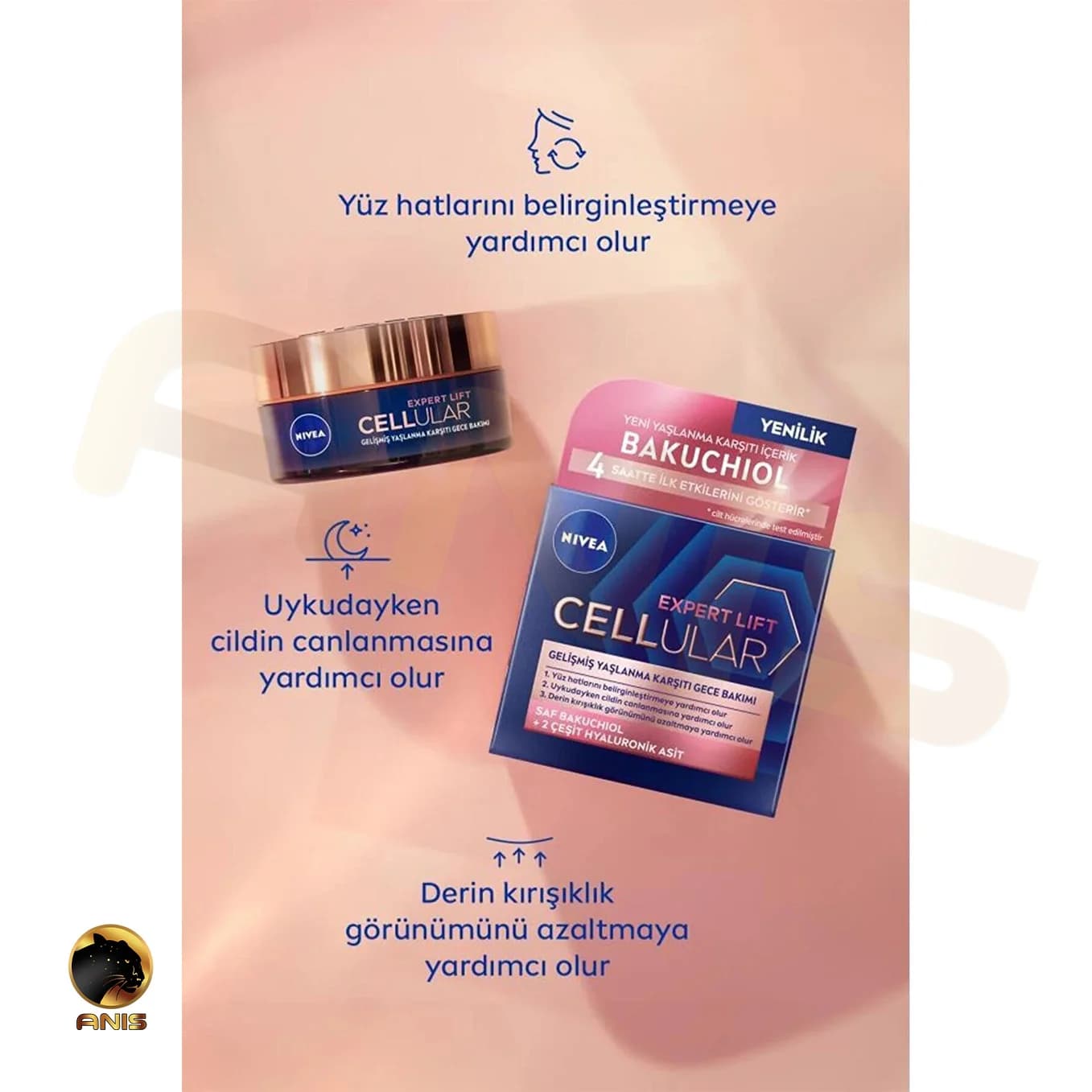 کرم ضد پیری شبانه Cellular نیوا حاوی باکوچیول و 2 نوع هیالورونیک اسید 50 میل — تصویر ۳