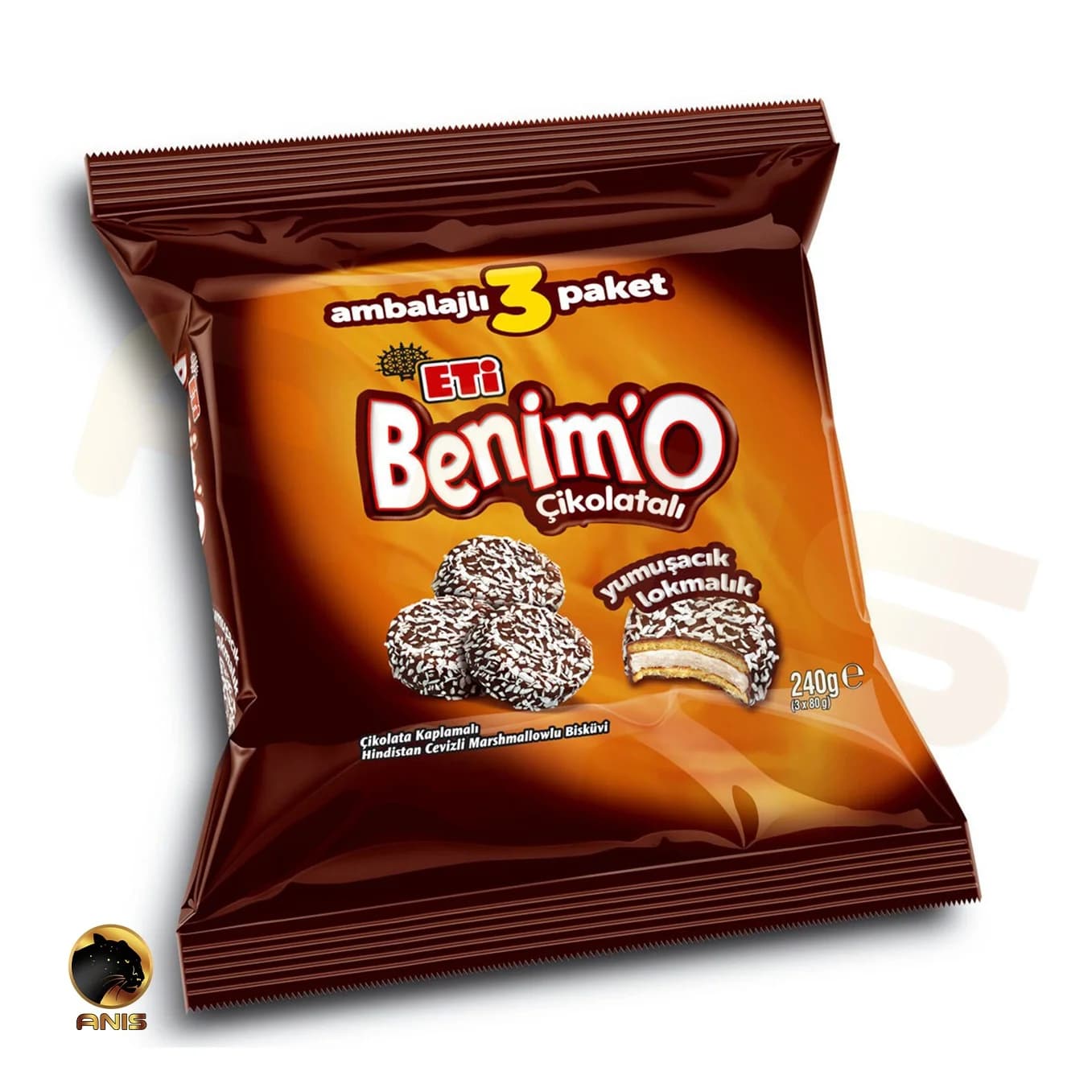 بیسکویت اتی benim’o با روکش شکلاتی نارگیلی و مغز مارشمالو 240 گرم