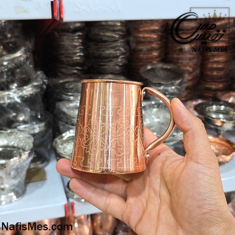 لیوان مسی طرح دار طرح بشکه دسته مسی ( ساخته شده از مس خالص )
