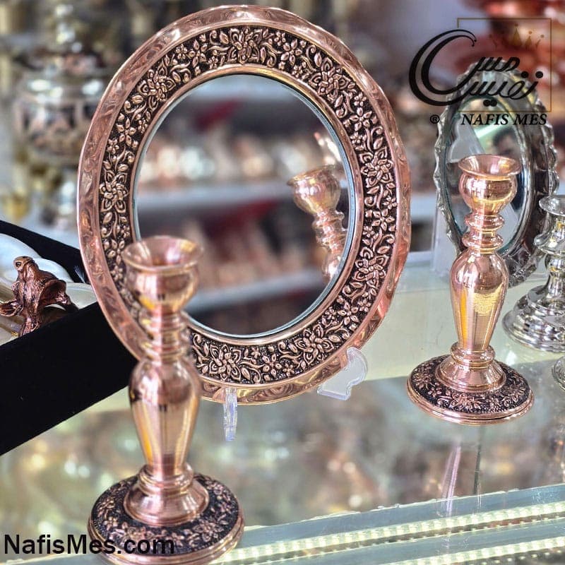 آینه و شمعدان مسی طرح نارینه ( ساخته شده از مس خالص ) — تصویر ۹