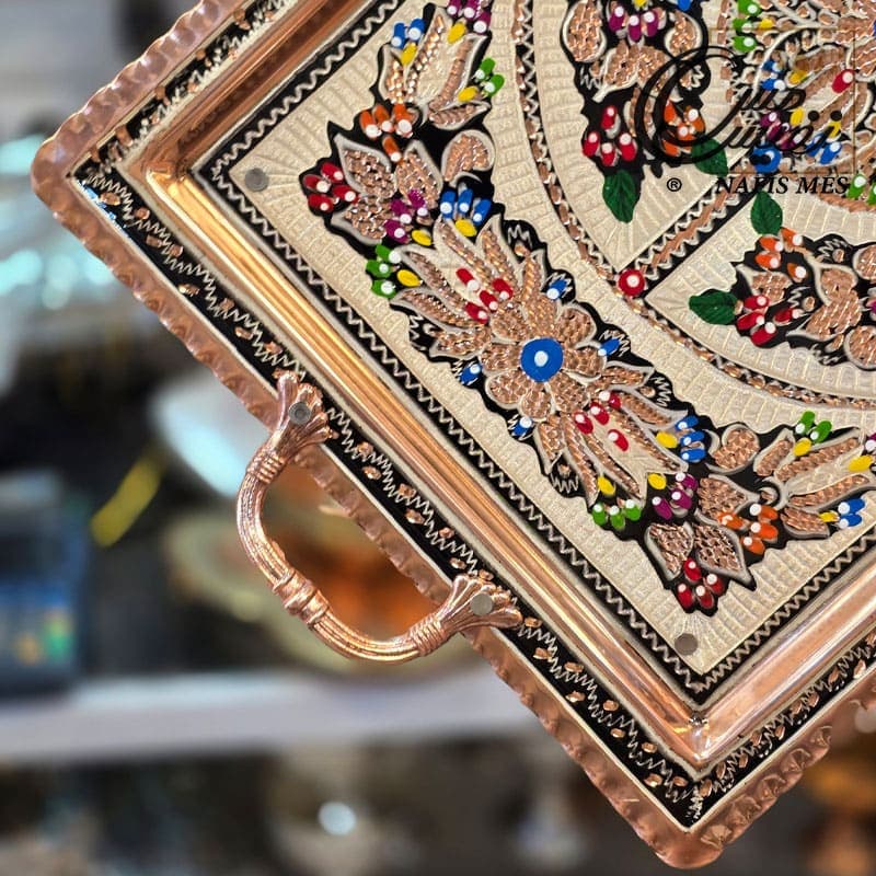 سینی مسی مستطیلی نقره کوب مینا کاری پایه دار مدل یاشار — تصویر ۶