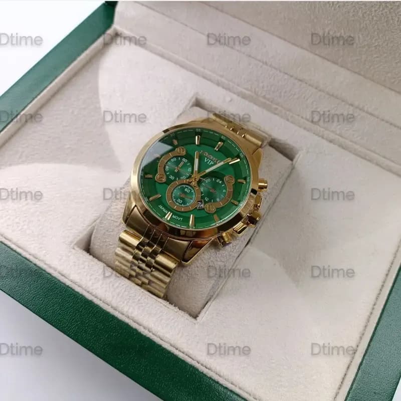 ساعت مچی مردانه سیکو طلایی صفحه سبز طرح سه موتور با بند استیل و تقویم — تصویر ۲