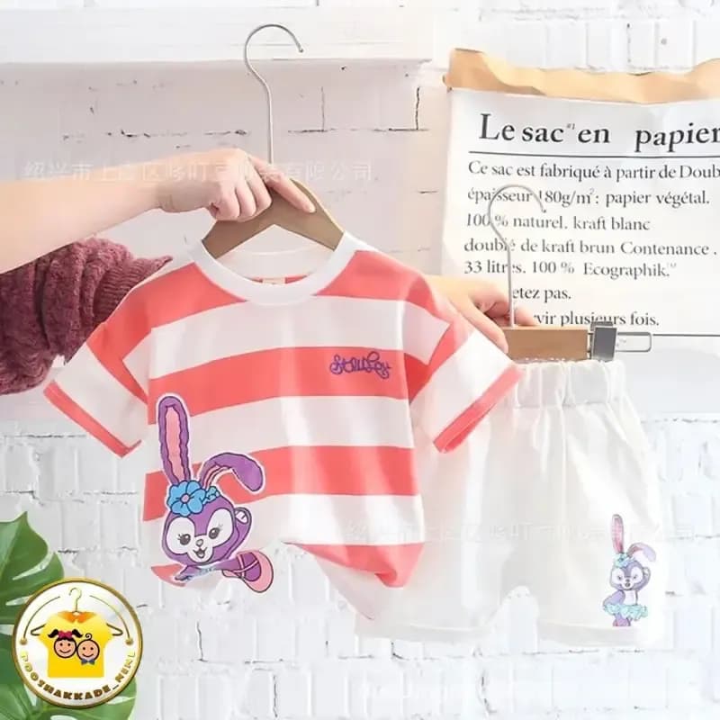 ست تیشرت و شلوارک بچگانه طرح خرگوشی نخ پنبه و کتان مناسب 1 تا 5 سال — تصویر ۳