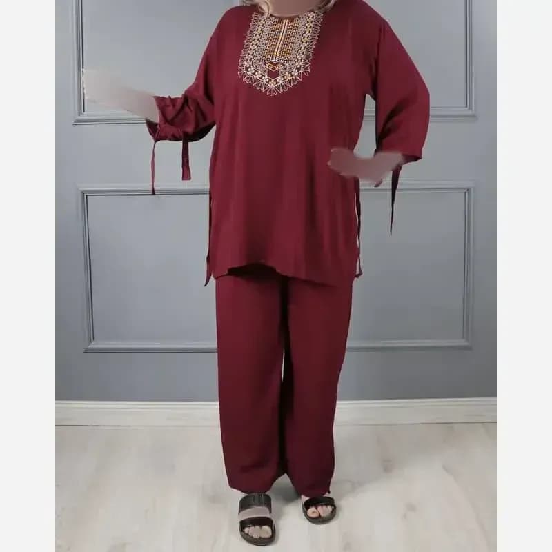 ست بلوز و شلوار نخی زنانه مدل آیدا فری سایز مناسب تا سایز 52 — تصویر ۶