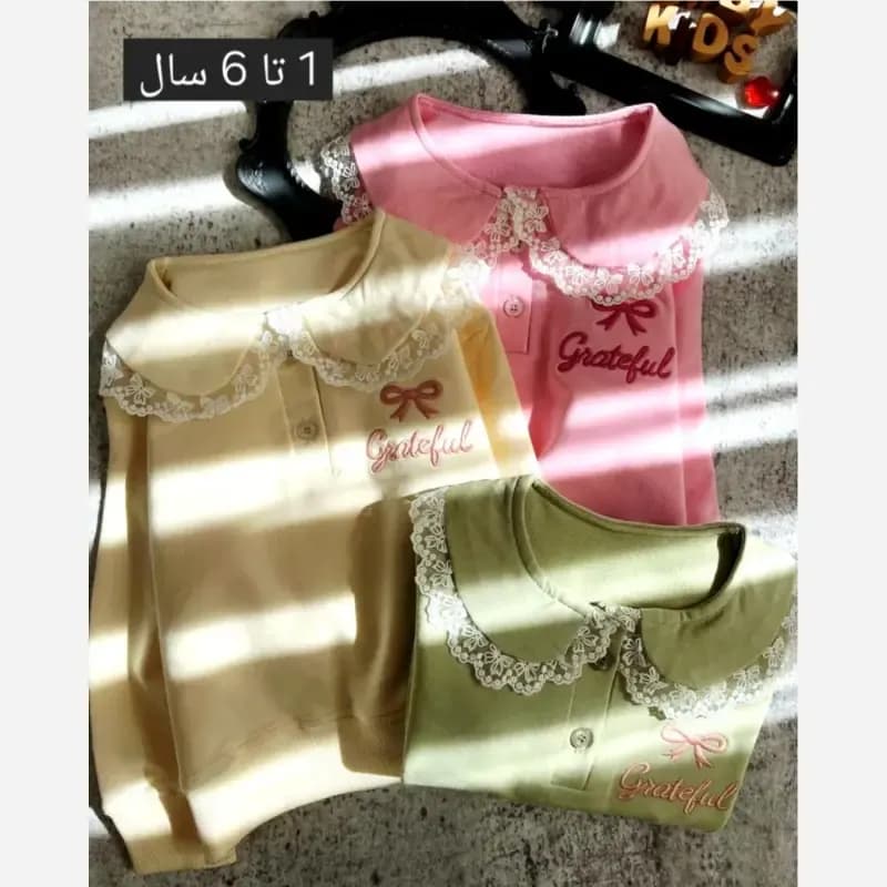 بلوز دخترانه یقه ب ب توری جنس دورس پنبه مناسب 1 تا 7 سال — تصویر ۵