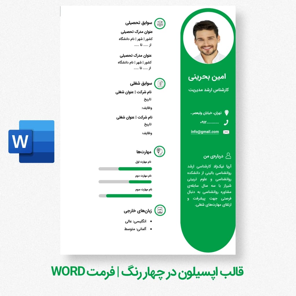 قالب رزومه اپسیلون چهار رنگ | قالب رزومه Word قابل ویرایش — تصویر ۲