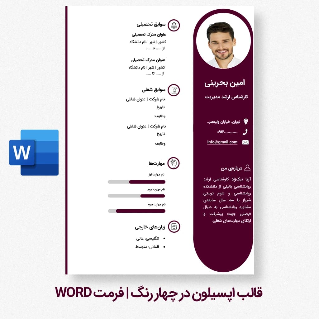 قالب رزومه اپسیلون چهار رنگ | قالب رزومه Word قابل ویرایش