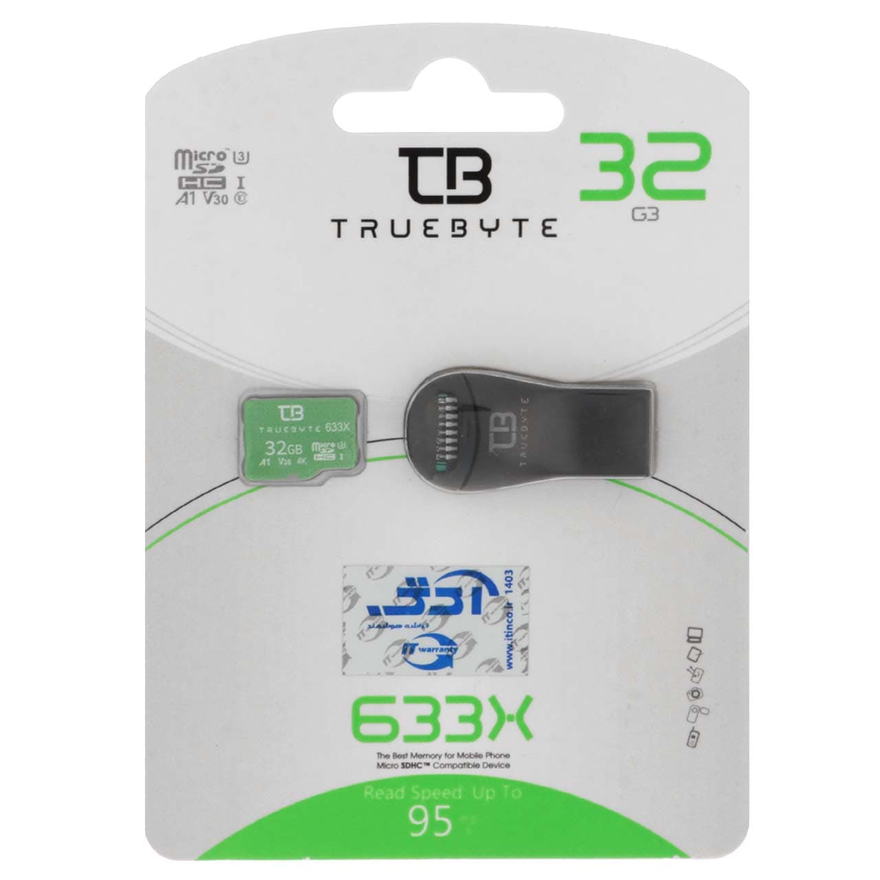 گارانتی مادام‌العمر شرکت آی تین) TRUEBYTE microSDXC & Card Reader U3 Class 10 633X -95MB/s – 32GB — تصویر ۲