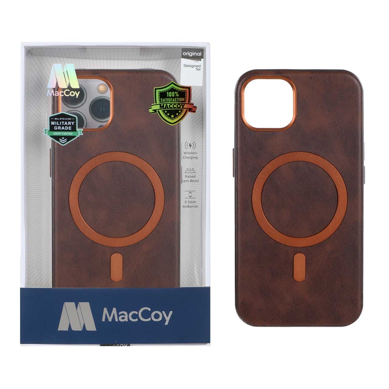 قاب اورجینال MacCoy چرمی Magsafe Military مدل Apple iPhone 13 / iPhone 14 – قهوه ای (پک دار) — تصویر ۲