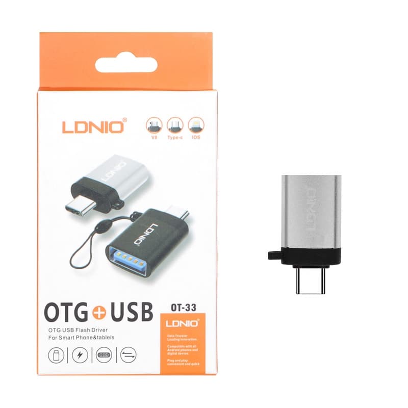 تبدیل OTG Type-C TO USB برند LDNIO الدینیو مدل OT-33 نقره ای فلزی به همراه بند آویز