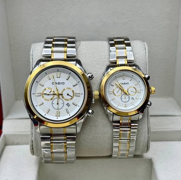 ست ساعت مچی کاسیو زنانه و مردانه نقره ای طلایی — تصویر ۳