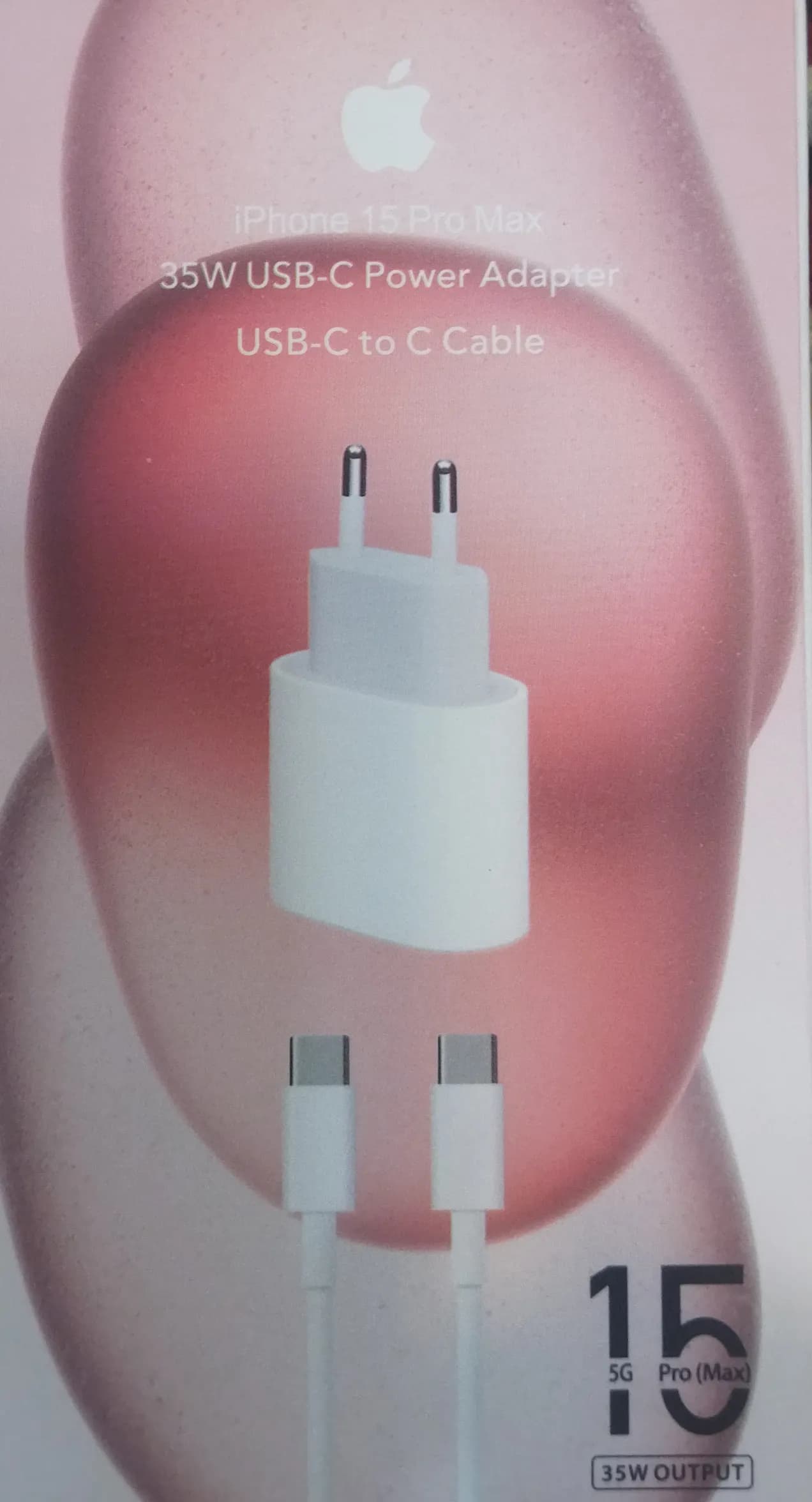 شارژر دیواری 35 وات مدل IPHONE 15 PRO MAX همراه کابل USB-C TO C (صورتی)
