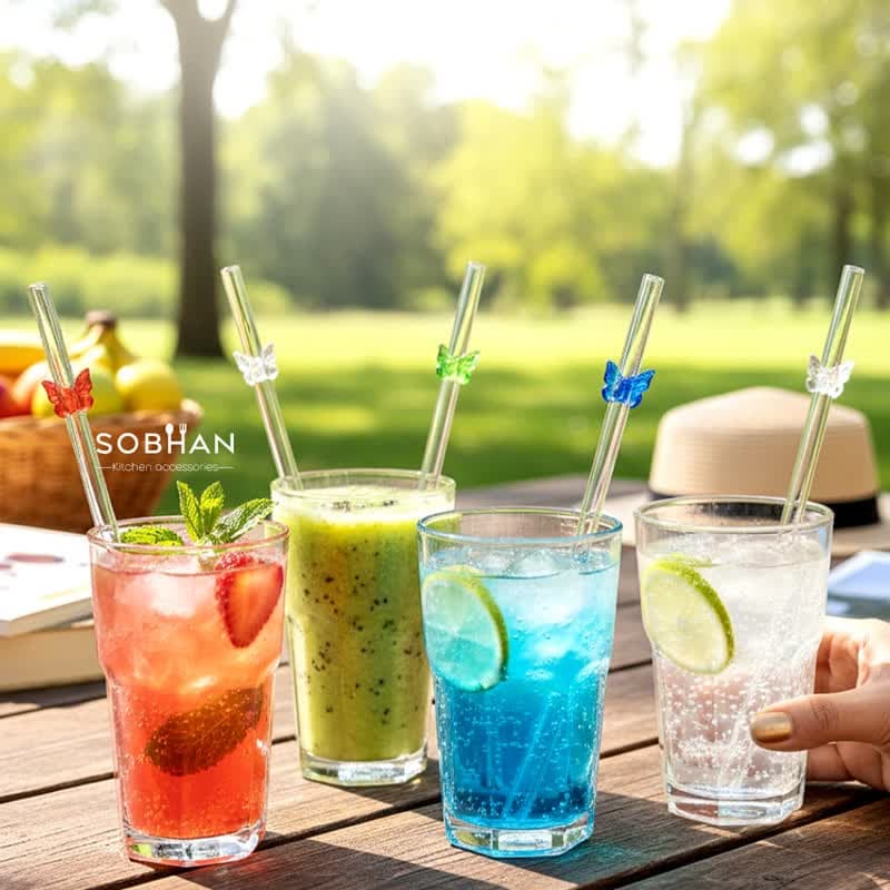 نی شربت خوری پیرکس طرح پروانه رنگی تاپ