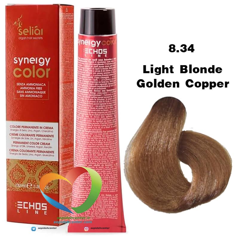 رنگ موی بدون آمونیاک مسی طلایی روشن 8.34 سینرژی اچ اس لاین Hair Color ECHOSLINE Synergy Light Blonde Golden Copper — تصویر ۵
