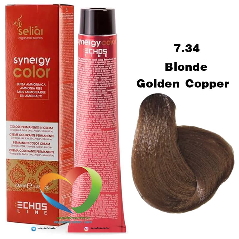 رنگ موی بدون آمونیاک مسی طلایی 7.34 سینرژی اچ اس لاین Hair Color ECHOSLINE Synergy Blonde Golden Copper — تصویر ۵