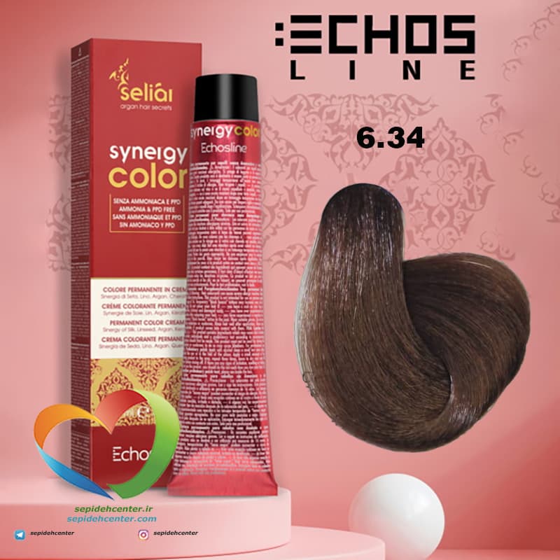 رنگ موی بدون آمونیاک مسی طلایی تیره 6.34 سینرژی اچ اس لاین Hair Color ECHOSLINE Synergy Dark Blonde Golden Copper — تصویر ۸