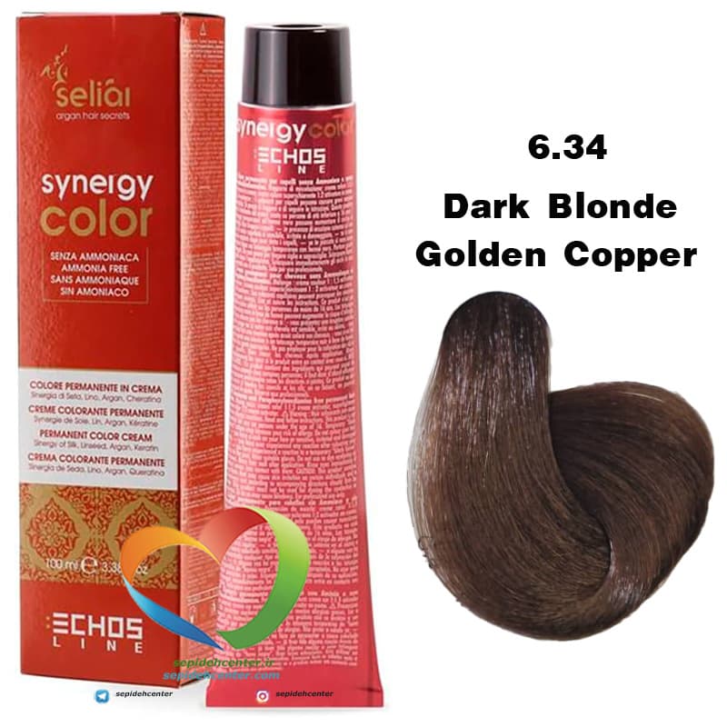 رنگ موی بدون آمونیاک مسی طلایی تیره 6.34 سینرژی اچ اس لاین Hair Color ECHOSLINE Synergy Dark Blonde Golden Copper — تصویر ۵