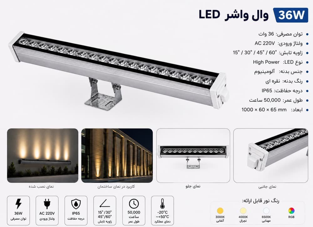 چراغ وال واشر 36 وات RGB(مولتی کالر) آرین نور — تصویر ۴