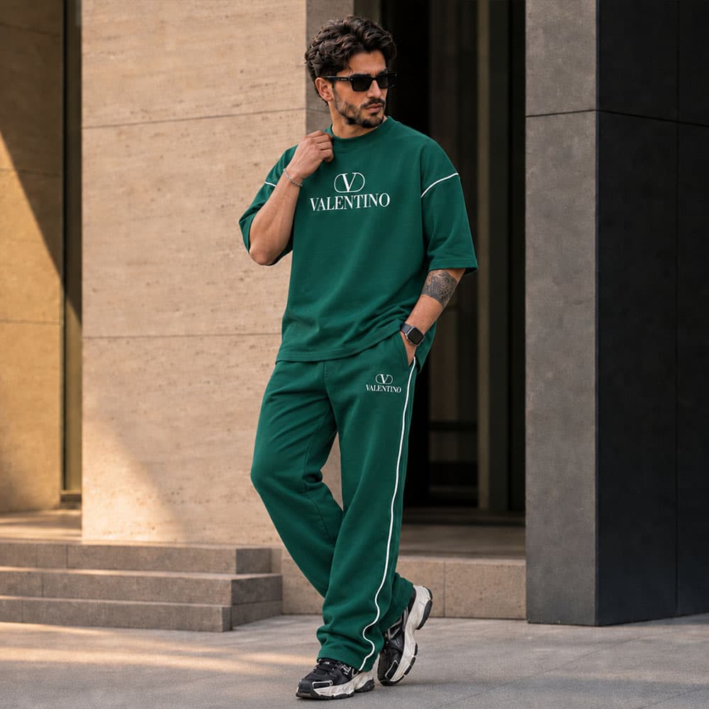 ست تیشرت و شلوار مردانه طرح VALENTINO خط‌دار | رنگ سبز