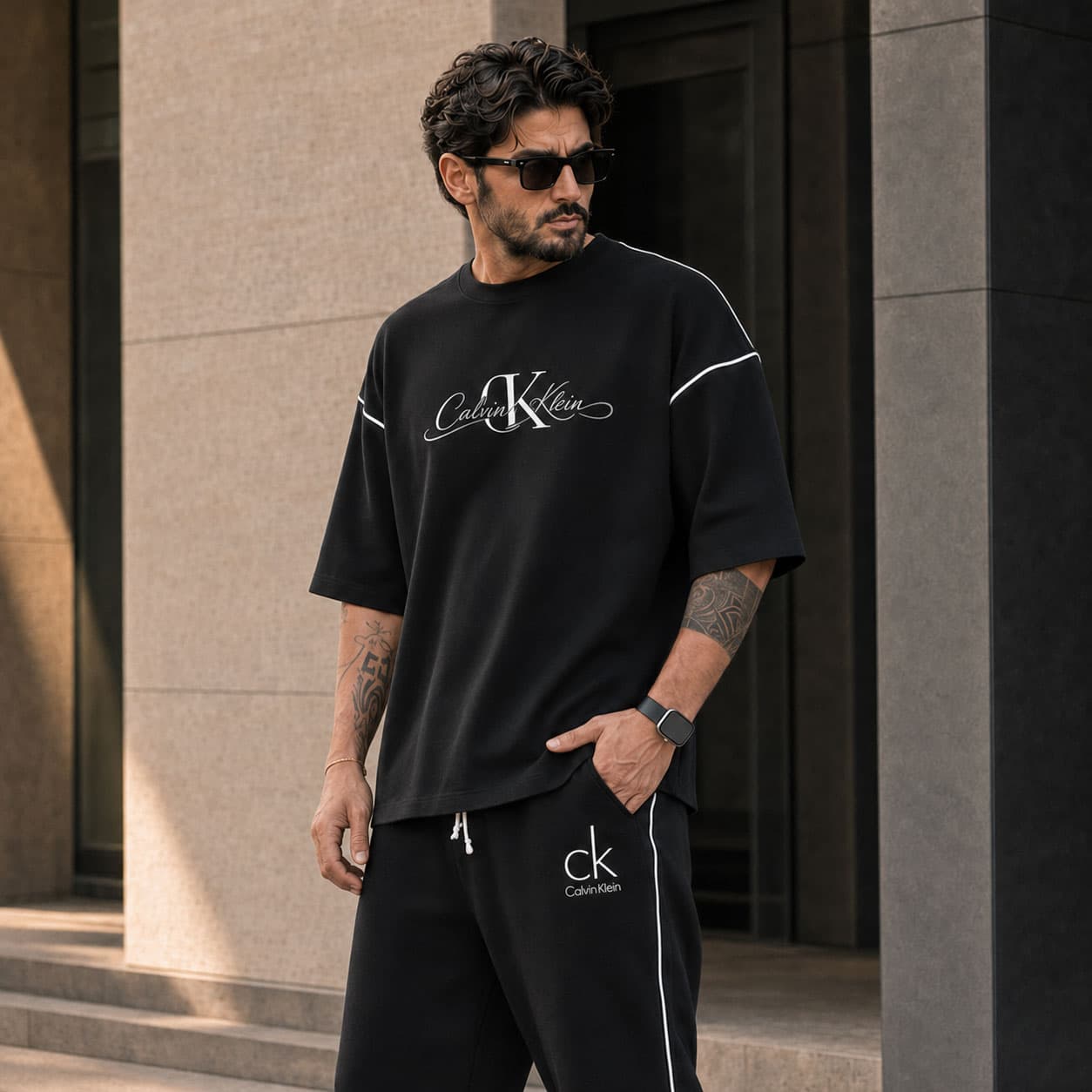 ست تیشرت و شلوار مردانه طرح Calvin Klein خطدار | رنگ مشکی — تصویر ۵