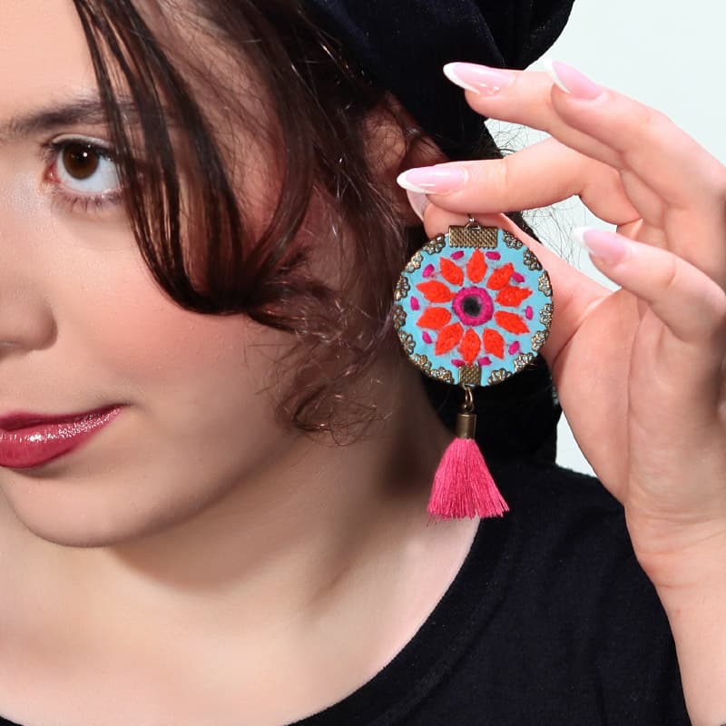 گوشواره سوزن دوزی بلوچی آینه کاری شده دست ساز | code:ba045
