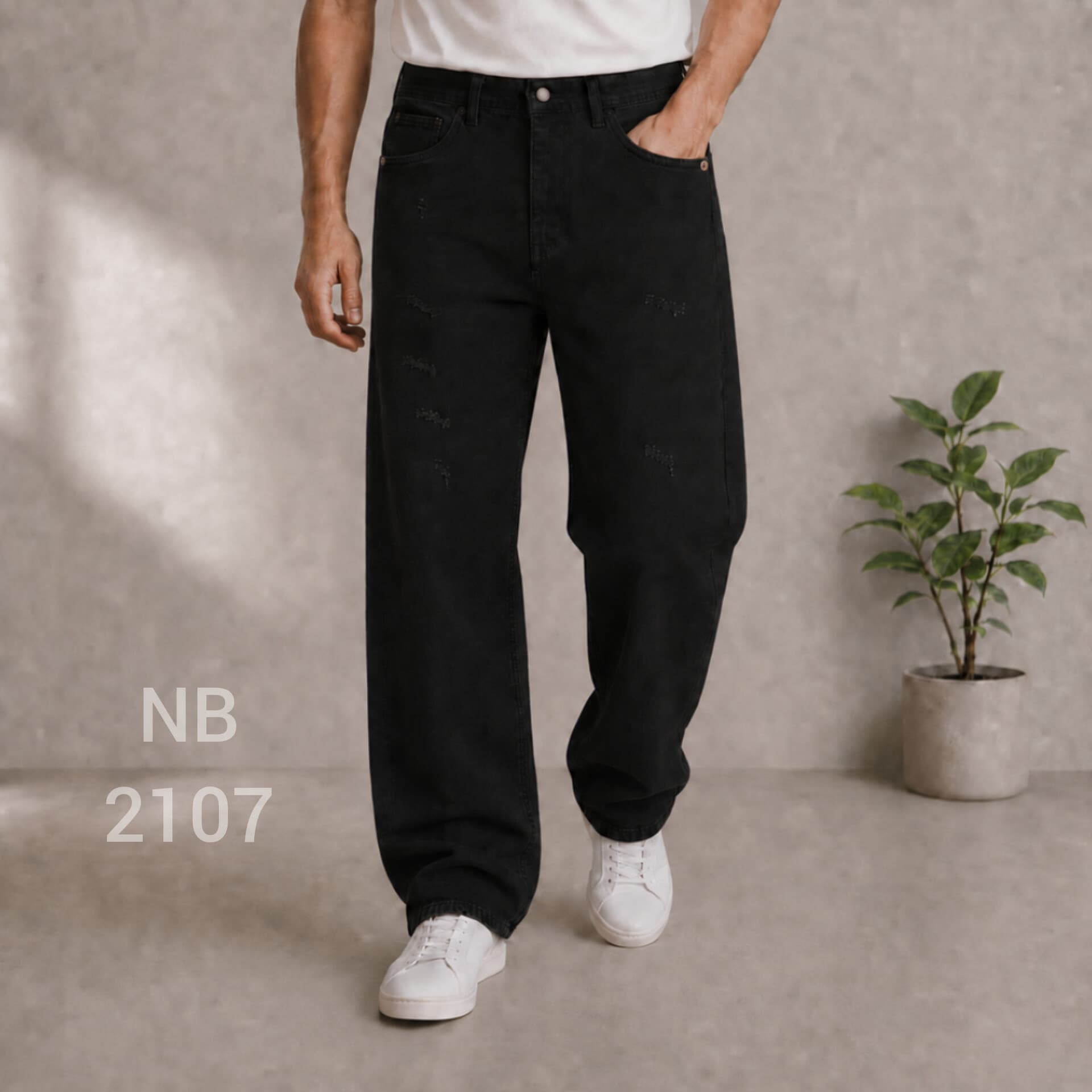 شلوار جین نیم بگ مردانه رنگ مشکی کد NB2107 — تصویر ۳