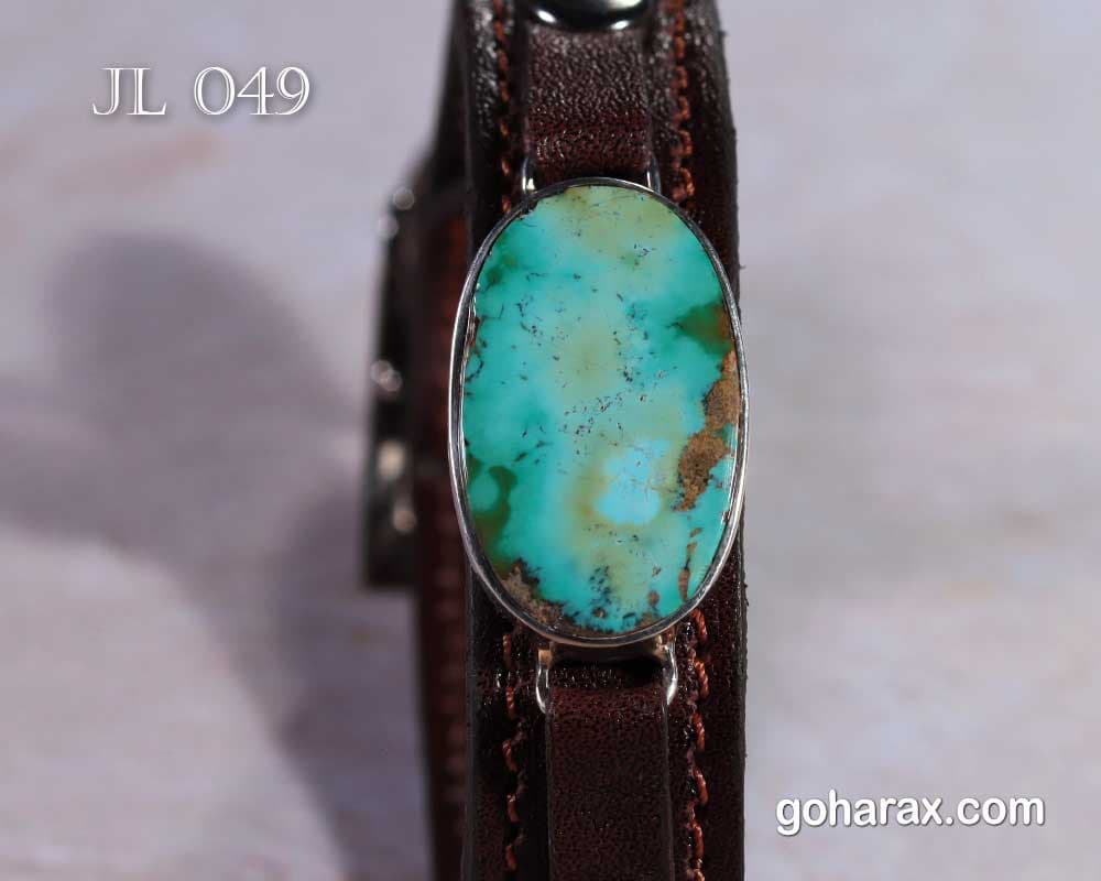دستبند چرم طبیعی دست ساز نگین فیروزه اصل نیشابور با فریم نقره | code:JL049 — تصویر ۵