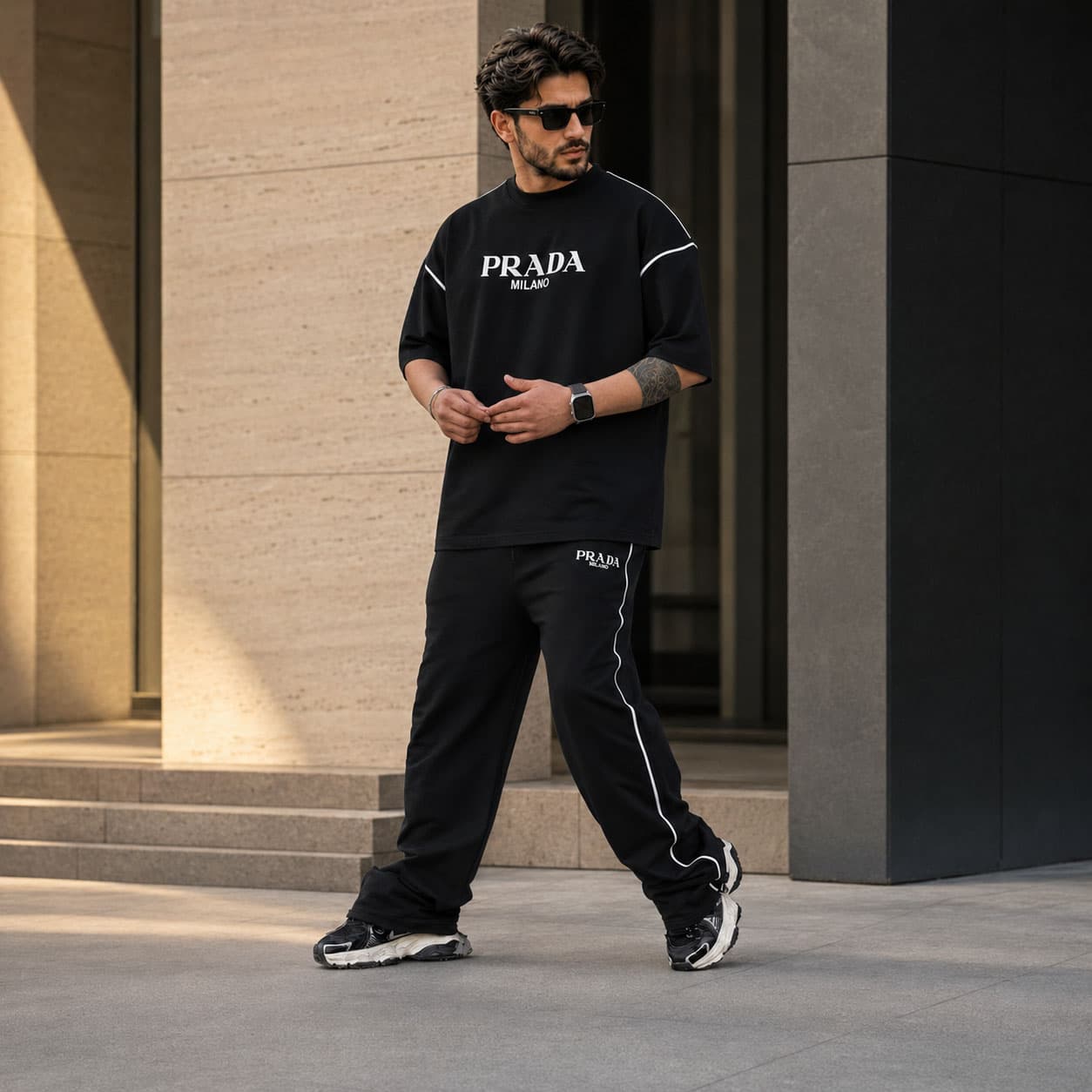 ست تیشرت و شلوار مردانه طرح Prada خط‌دار | رنگ مشکی — تصویر ۲